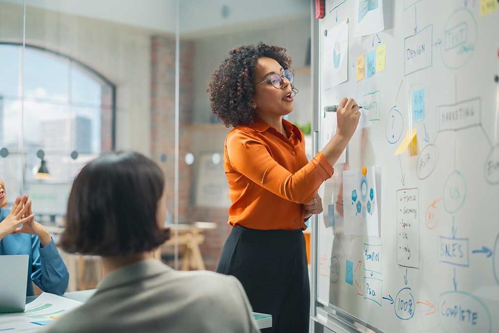 Woman writing on a white board and brainstorming with co-workers